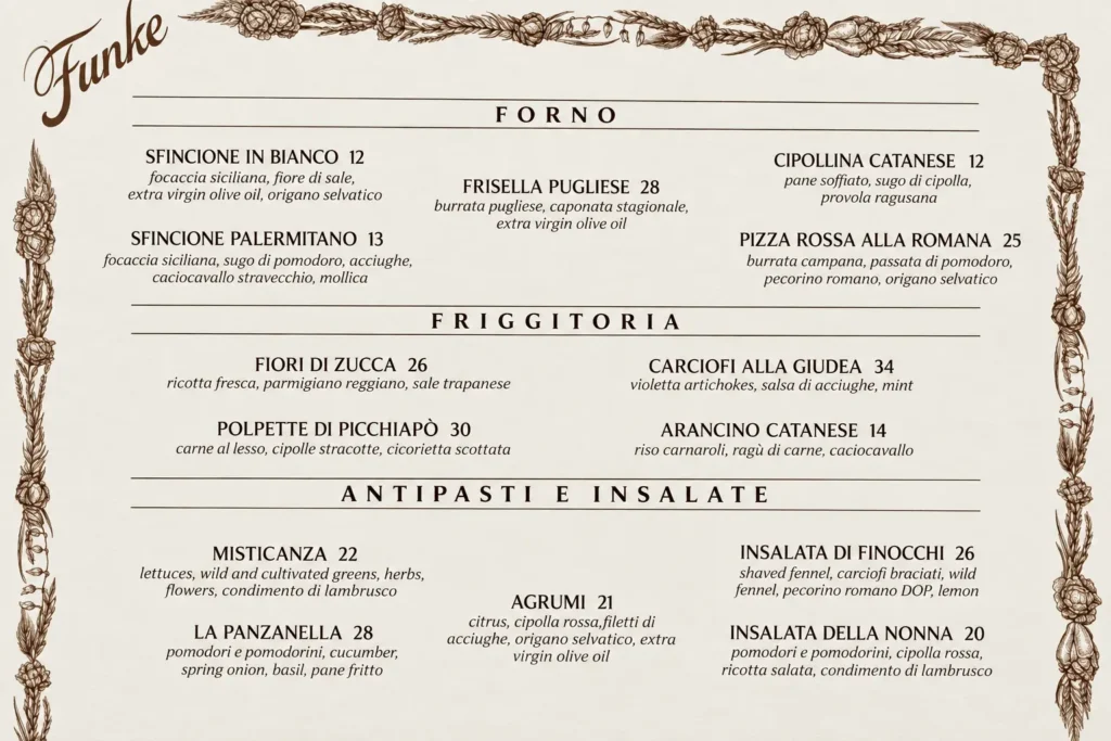 Funke Beverly Hills Menu
